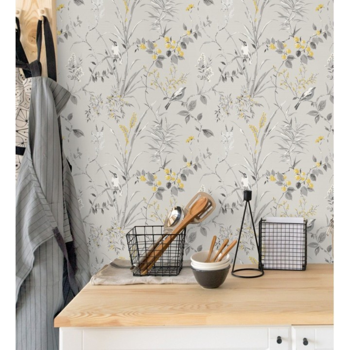 Papel pintado de ramas y pájaros estilo romántico fondo gris - Alison Garden 680927