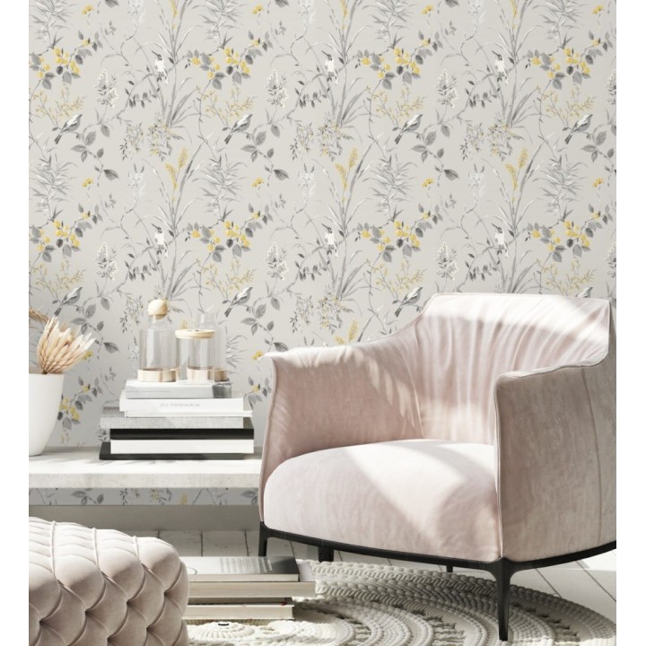 Papel pintado de ramas y pájaros estilo romántico fondo gris - Alison Garden 680927