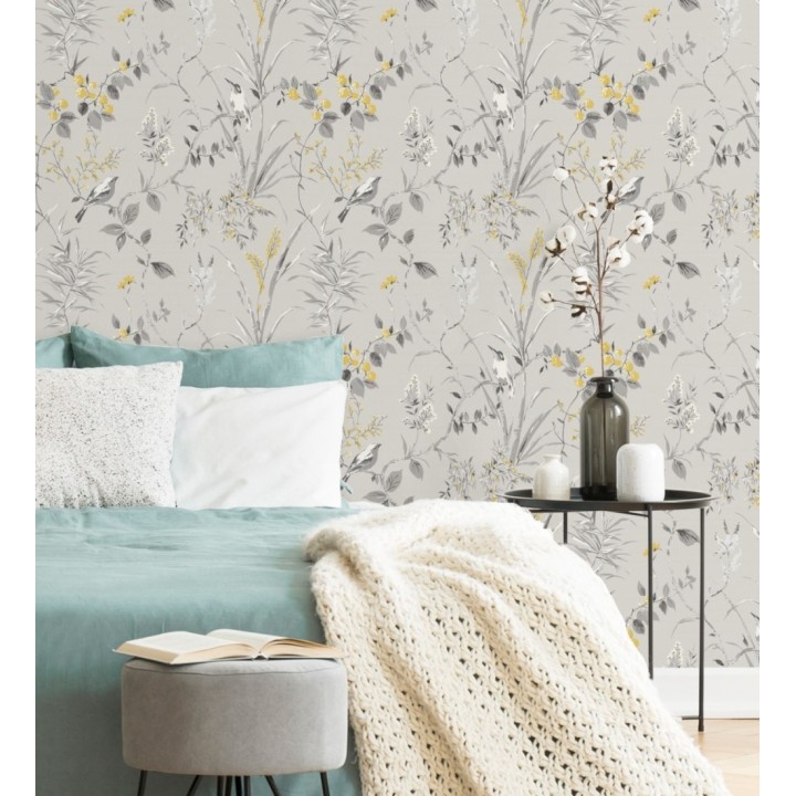 Papel pintado de ramas y pájaros estilo romántico fondo gris - Alison Garden 680927