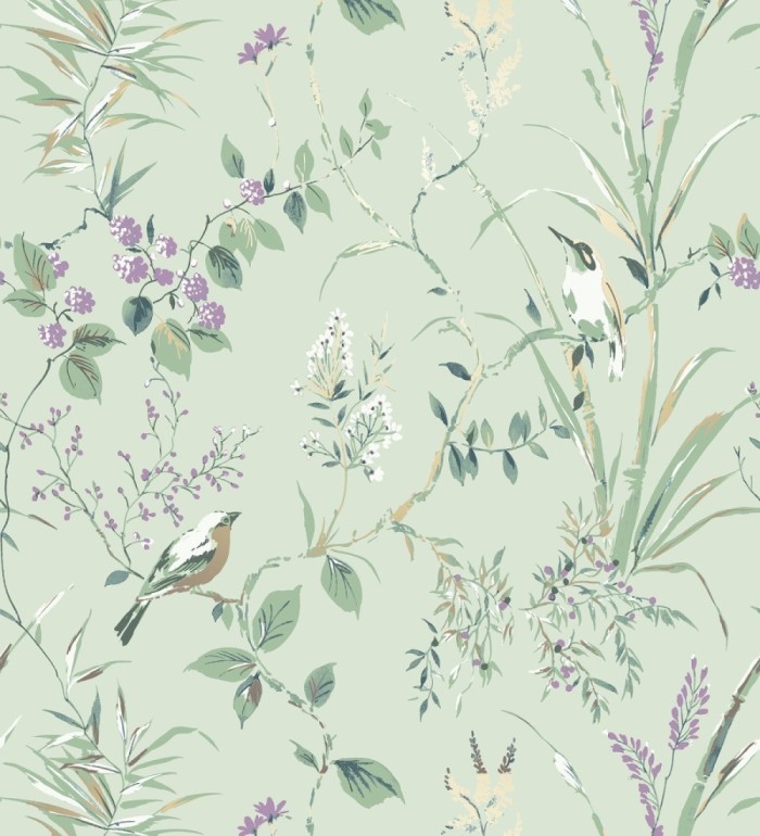 Papel pintado de ramas y pájaros estilo romántico fondo verde - Alison Garden 680928