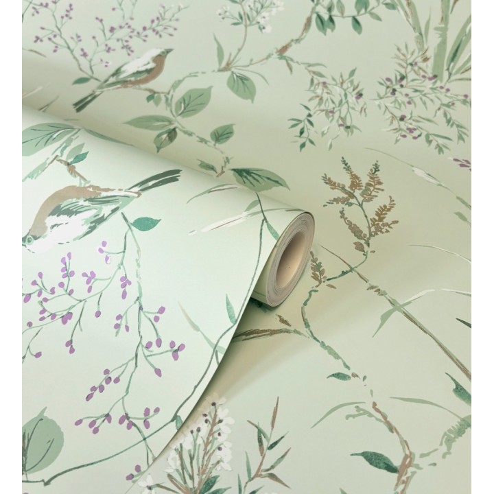 Papel pintado de ramas y pájaros estilo romántico fondo verde - Alison Garden 680928