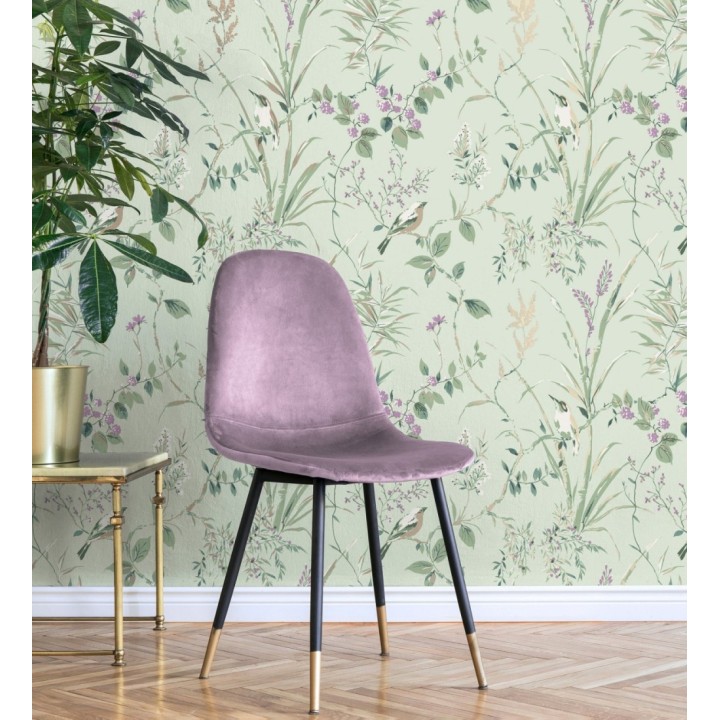 Papel pintado de ramas y pájaros estilo romántico fondo verde - Alison Garden 680928