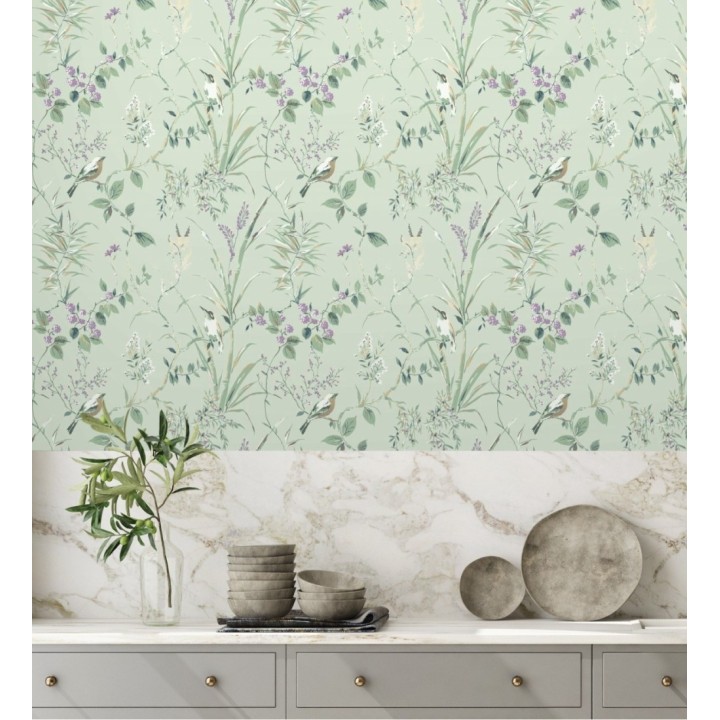 Papel pintado de ramas y pájaros estilo romántico fondo verde - Alison Garden 680928