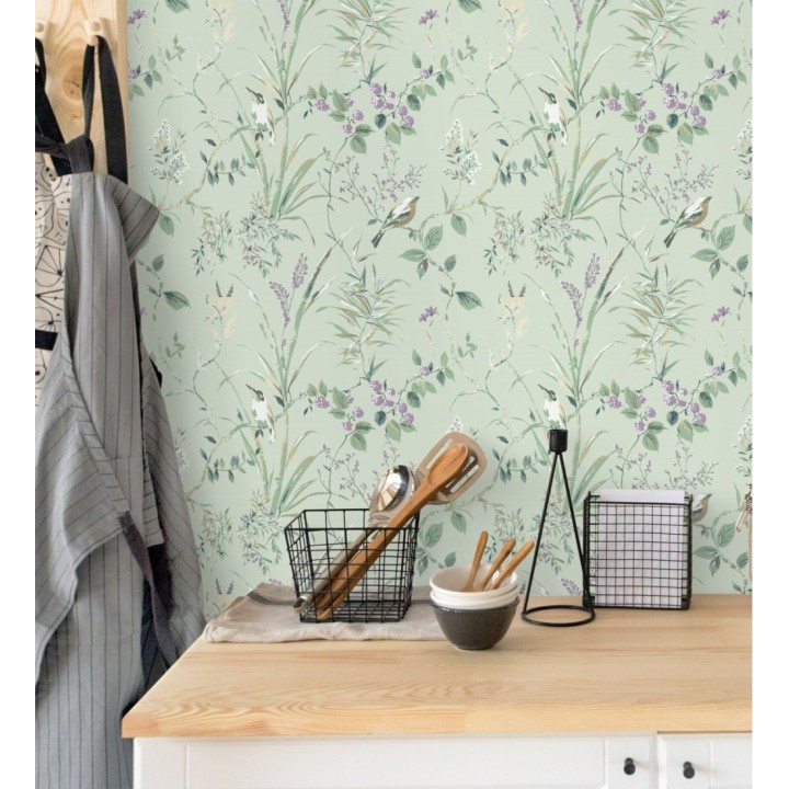Papel pintado de ramas y pájaros estilo romántico fondo verde - Alison Garden 680928