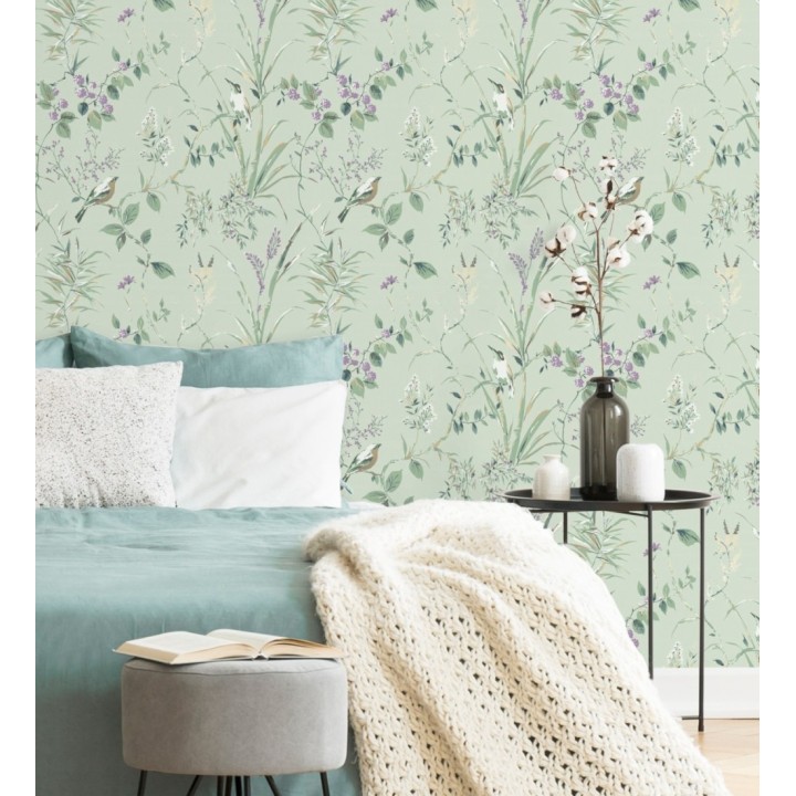Papel pintado de ramas y pájaros estilo romántico fondo verde - Alison Garden 680928