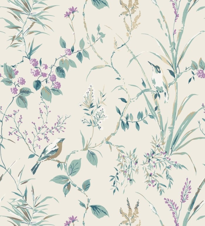 Papel pintado de ramas flores y pájaros estilo romántico fondo beige - Alison Garden 680930