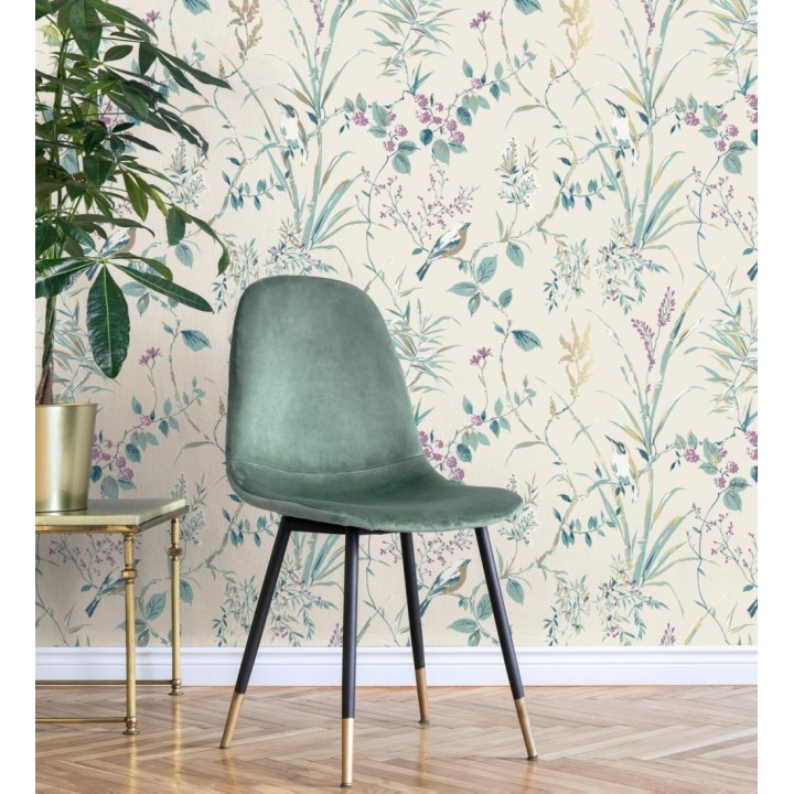 Papel pintado de ramas flores y pájaros estilo romántico fondo beige - Alison Garden 680930