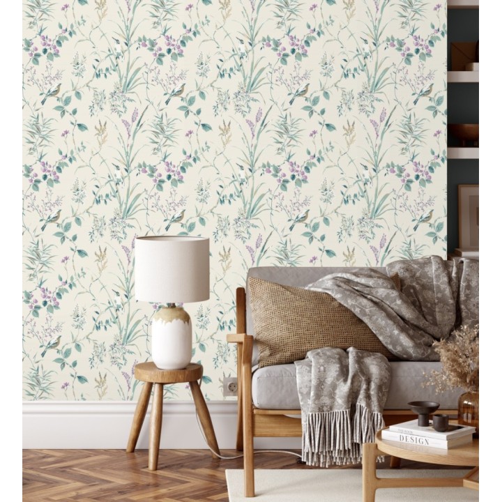 Papel pintado de ramas flores y pájaros estilo romántico fondo beige - Alison Garden 680930