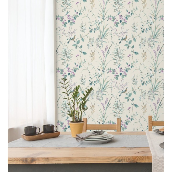 Papel pintado de ramas flores y pájaros estilo romántico fondo beige - Alison Garden 680930