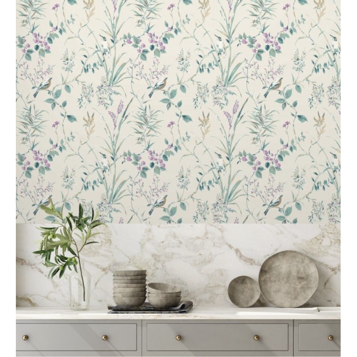 Papel pintado de ramas flores y pájaros estilo romántico fondo beige - Alison Garden 680930