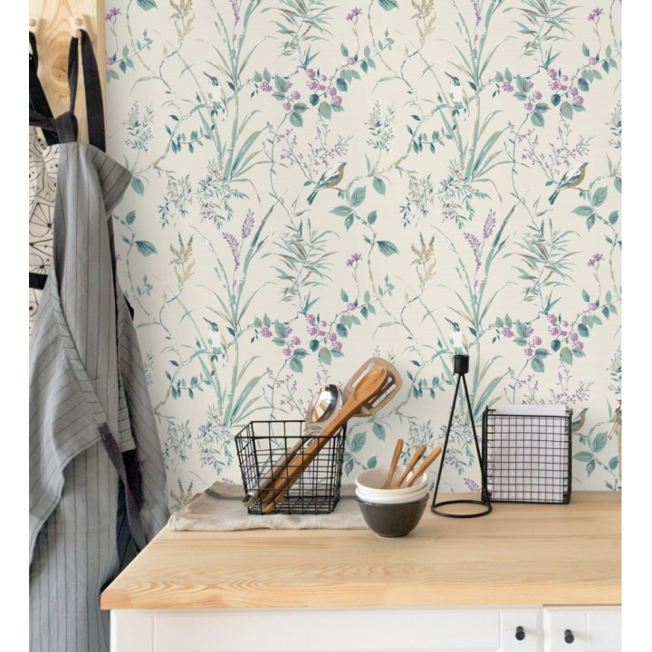 Papel pintado de ramas flores y pájaros estilo romántico fondo beige - Alison Garden 680930