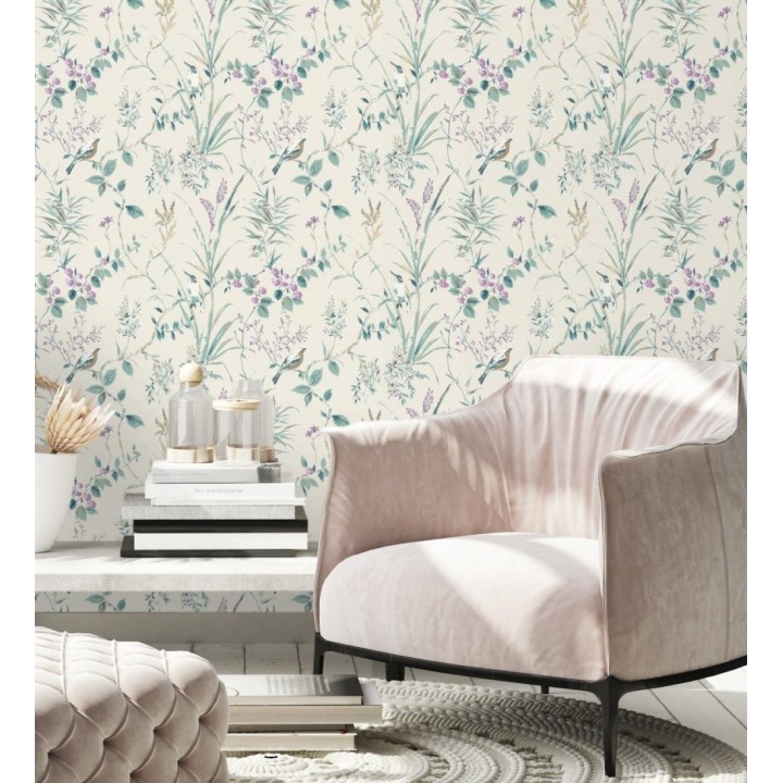 Papel pintado de ramas flores y pájaros estilo romántico fondo beige - Alison Garden 680930
