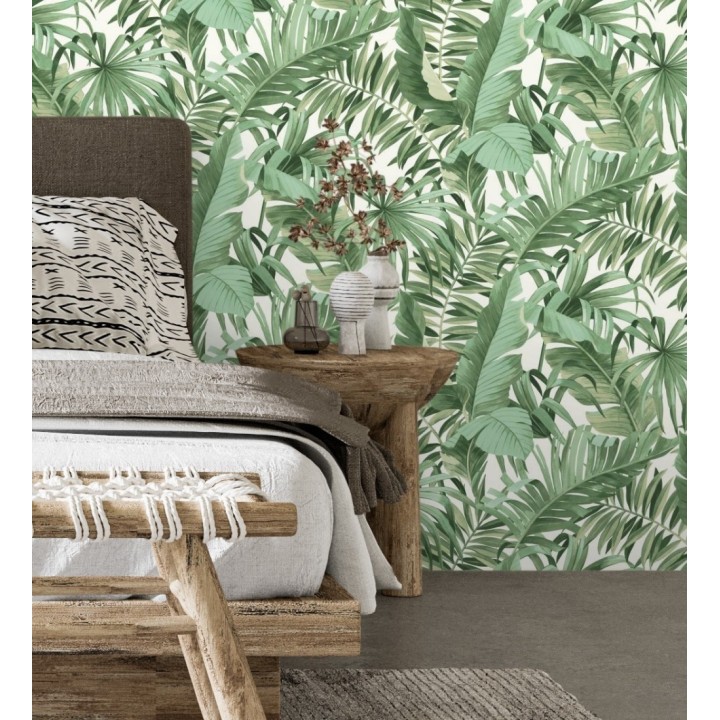 Papel pintado de hojas tropicales verde y blanco - Maldivas Tropical 680938