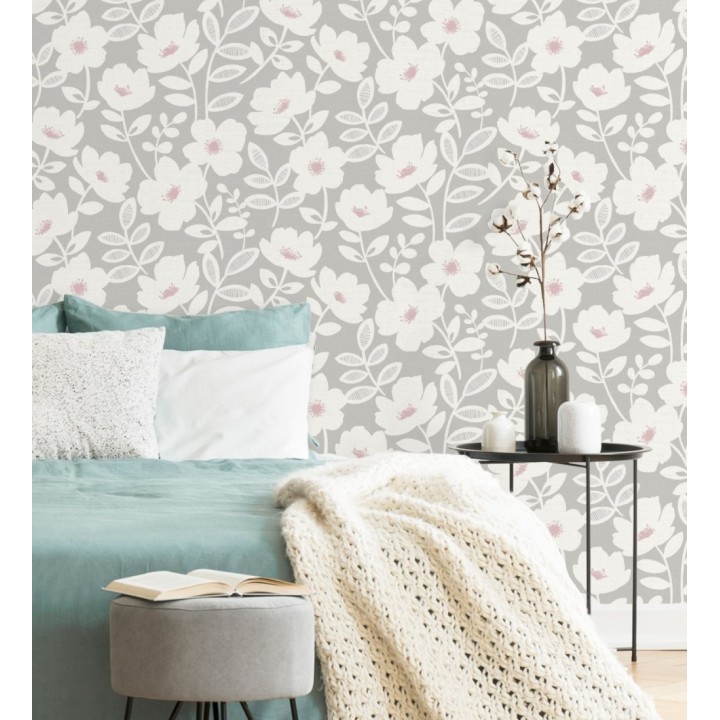 Papel pintado de flores blancas fondo gris - Capitol Garden 680942