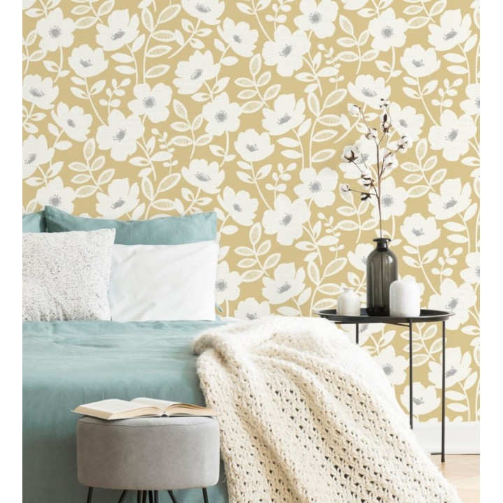 Papel pintado de flores blancas fondo amarillo mostaza - Capitol Garden 680944