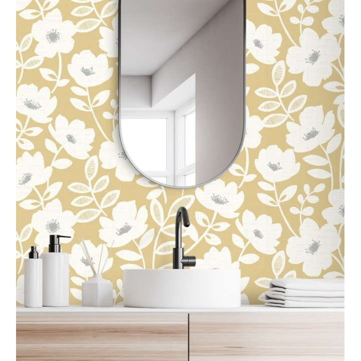 Papel pintado de flores blancas fondo amarillo mostaza - Capitol Garden 680944