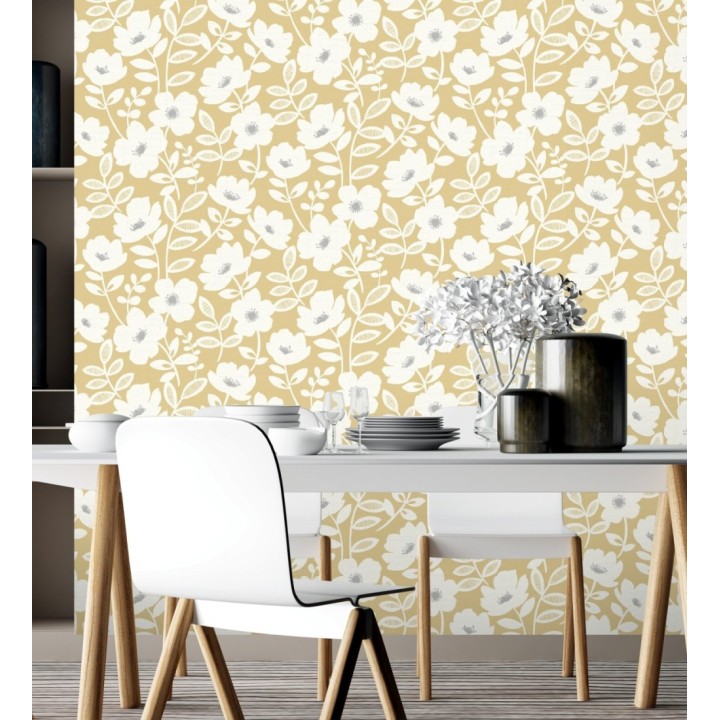 Papel pintado de flores blancas fondo amarillo mostaza - Capitol Garden 680944