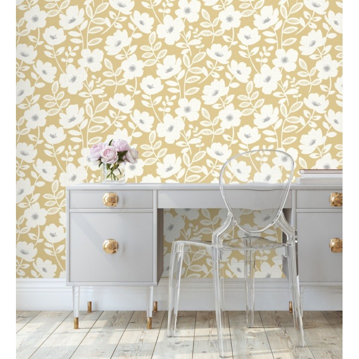 Papel pintado de flores blancas fondo amarillo mostaza - Capitol Garden 680944