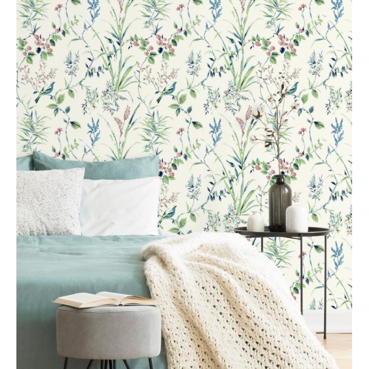 Papel pintado de ramas flores y pájaros color tropical fondo blanco - Alison Garden 680951