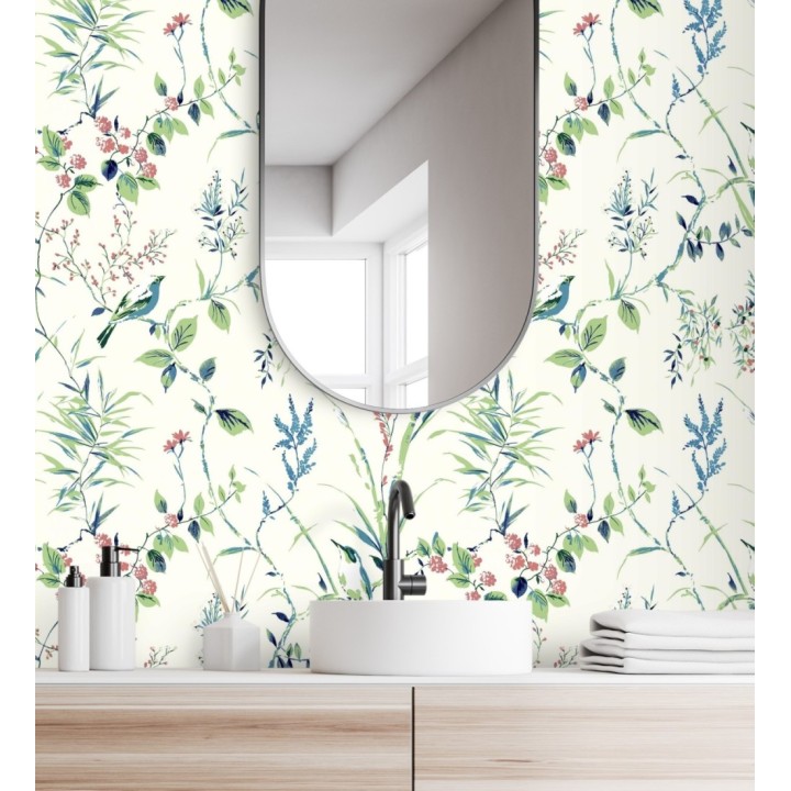 Papel pintado de ramas flores y pájaros color tropical fondo blanco - Alison Garden 680951