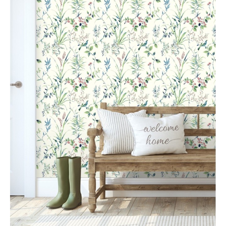 Papel pintado de ramas flores y pájaros color tropical fondo blanco - Alison Garden 680951