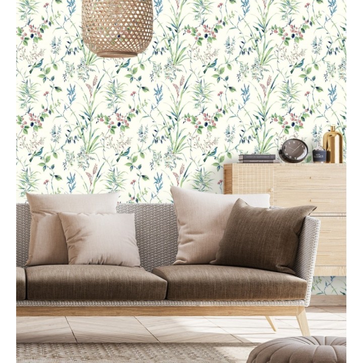 Papel pintado de ramas flores y pájaros color tropical fondo blanco - Alison Garden 680951