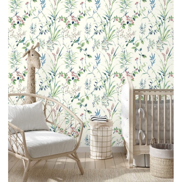 Papel pintado de ramas flores y pájaros color tropical fondo blanco - Alison Garden 680951