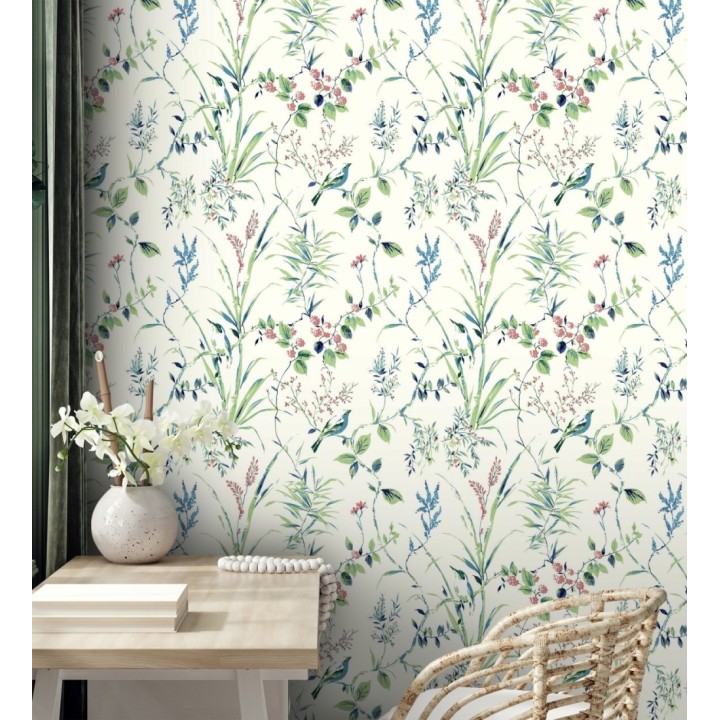Papel pintado de ramas flores y pájaros color tropical fondo blanco - Alison Garden 680951