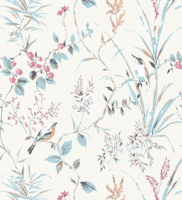 Papel pintado de ramas flores y pájaros estilo romántico fondo blanco - Alison Garden 680952