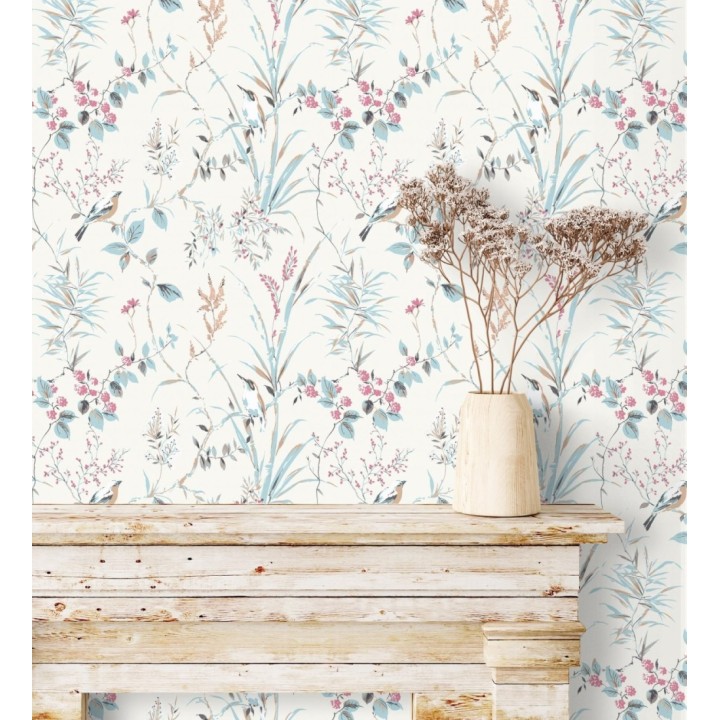 Papel pintado de ramas flores y pájaros estilo romántico fondo blanco - Alison Garden 680952