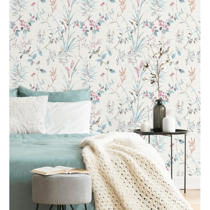 Papel pintado de ramas flores y pájaros estilo romántico fondo blanco - Alison Garden 680952