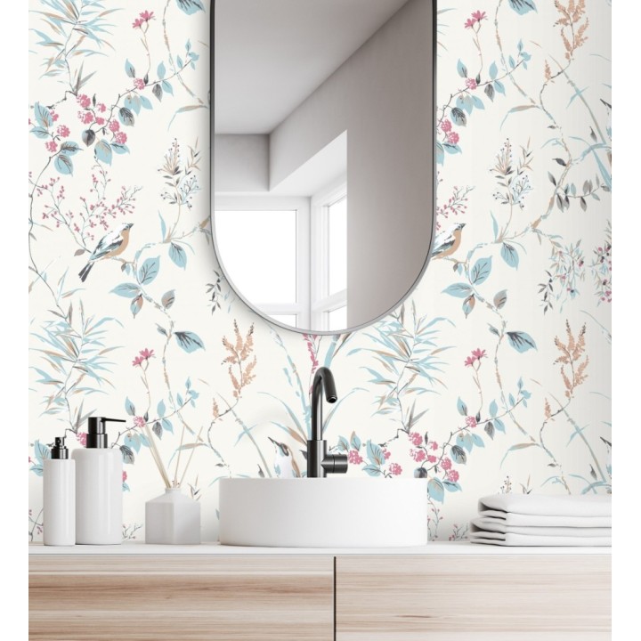 Papel pintado de ramas flores y pájaros estilo romántico fondo blanco - Alison Garden 680952