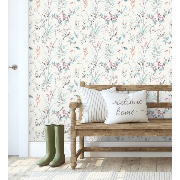 Papel pintado de ramas flores y pájaros estilo romántico fondo blanco - Alison Garden 680952