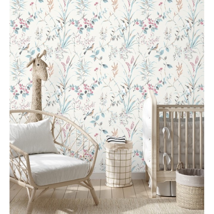 Papel pintado de ramas flores y pájaros estilo romántico fondo blanco - Alison Garden 680952