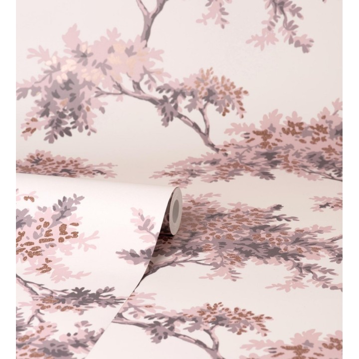 Papel pintado de árboles color mate con algunas hojas con efecto nácar - Elwood 681209