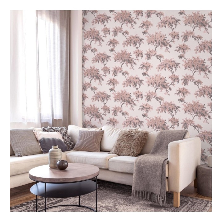 Papel pintado de árboles color mate con algunas hojas con efecto nácar - Elwood 681209