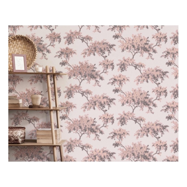 Papel pintado de árboles color mate con algunas hojas con efecto nácar - Elwood 681209