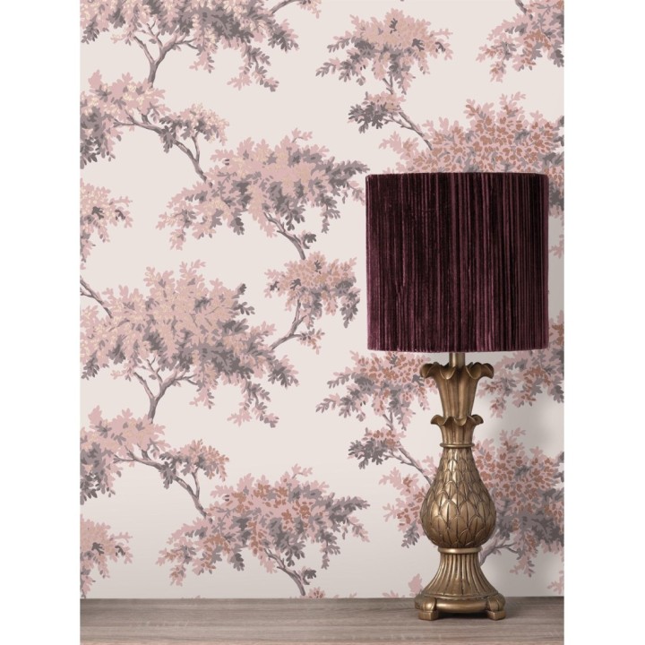 Papel pintado de árboles color mate con algunas hojas con efecto nácar - Elwood 681209