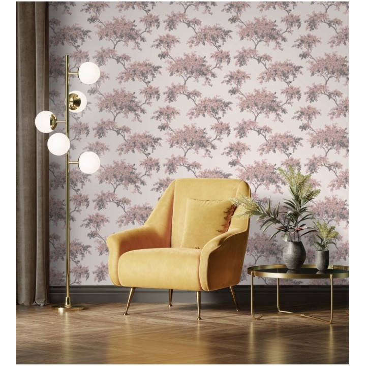 Papel pintado de árboles color mate con algunas hojas con efecto nácar - Elwood 681209