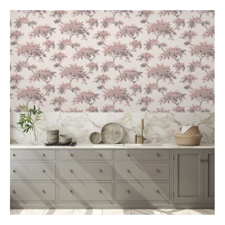 Papel pintado de árboles color mate con algunas hojas con efecto nácar - Elwood 681209