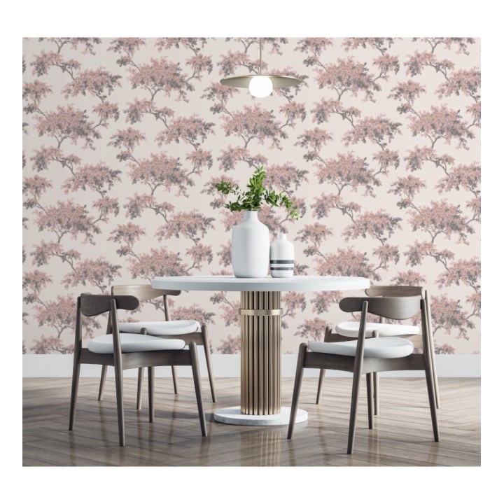 Papel pintado de árboles color mate con algunas hojas con efecto nácar - Elwood 681209