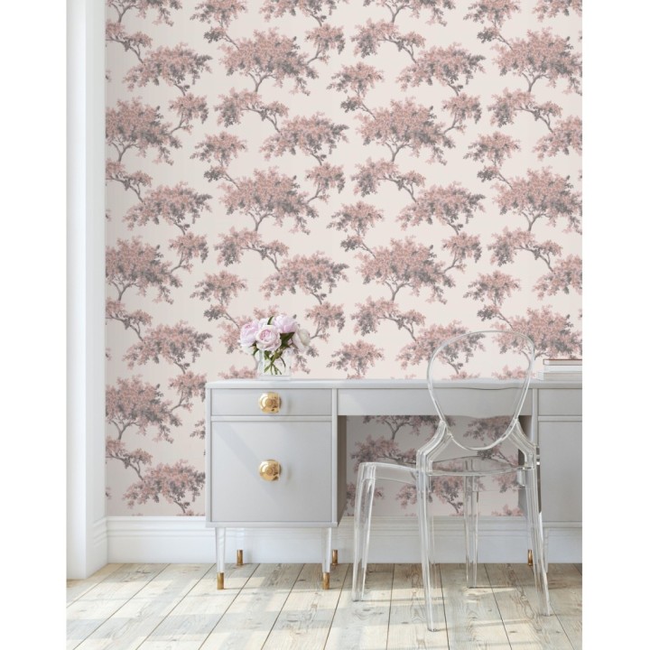 Papel pintado de árboles color mate con algunas hojas con efecto nácar - Elwood 681209