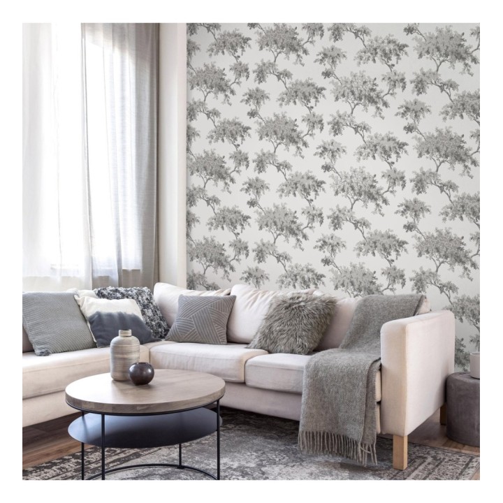 Papel pintado de árboles color mate con algunas hojas con efecto nácar - Elwood 681210