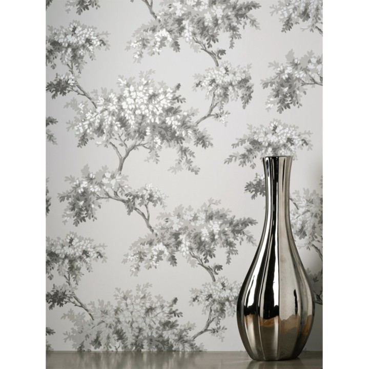 Papel pintado de árboles color mate con algunas hojas con efecto nácar - Elwood 681210