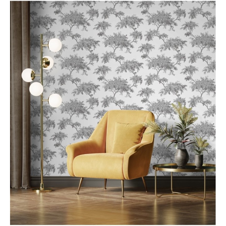 Papel pintado de árboles color mate con algunas hojas con efecto nácar - Elwood 681210