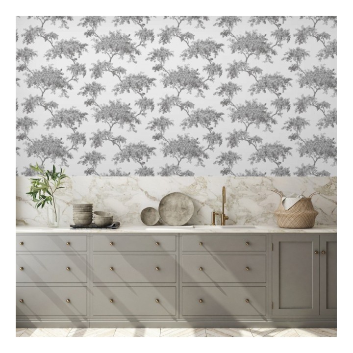 Papel pintado de árboles color mate con algunas hojas con efecto nácar - Elwood 681210