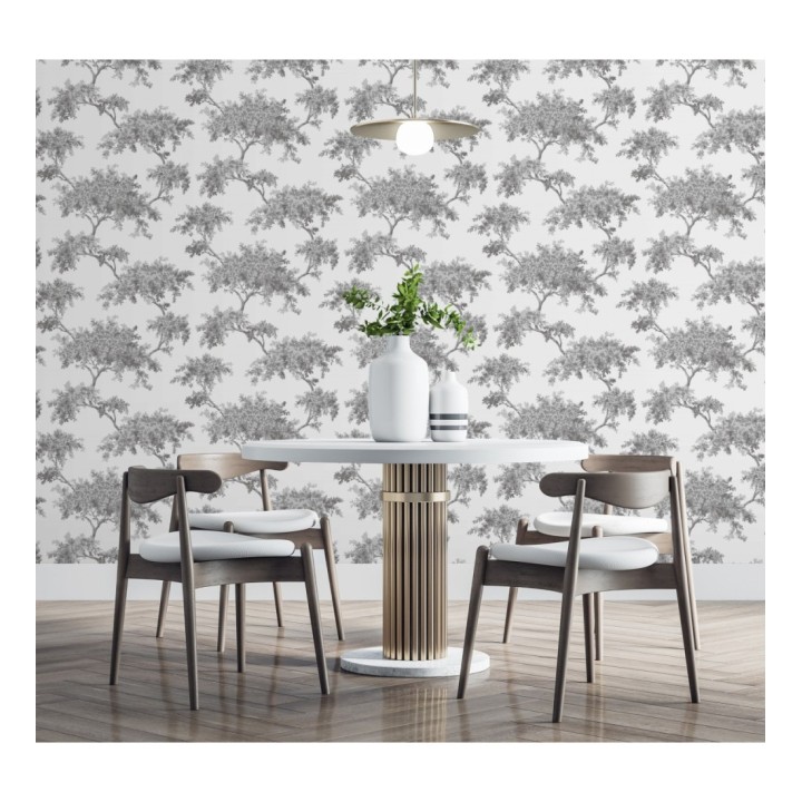 Papel pintado de árboles color mate con algunas hojas con efecto nácar - Elwood 681210