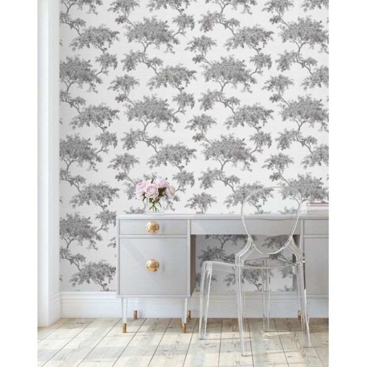 Papel pintado de árboles color mate con algunas hojas con efecto nácar - Elwood 681210