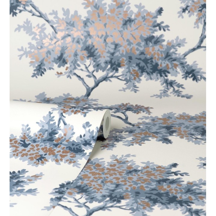 Papel pintado de árboles color mate con algunas hojas con efecto nácar - Elwood 681211