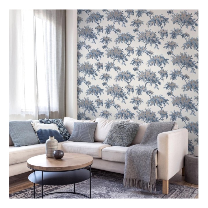 Papel pintado de árboles color mate con algunas hojas con efecto nácar - Elwood 681211